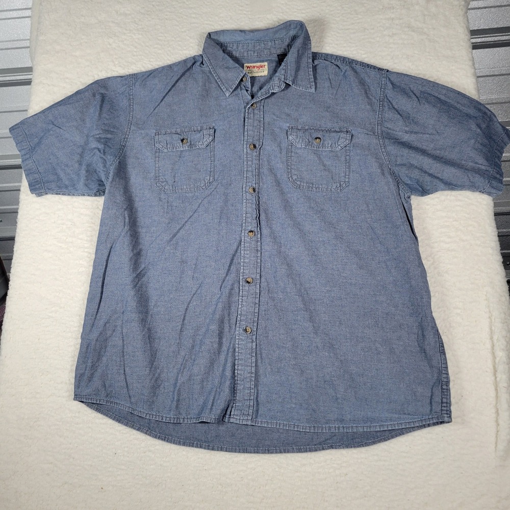 Wrangler Button Down Shirt Mens 2XL Blue Short Sleeve Chambray Cotton 0J2-18K